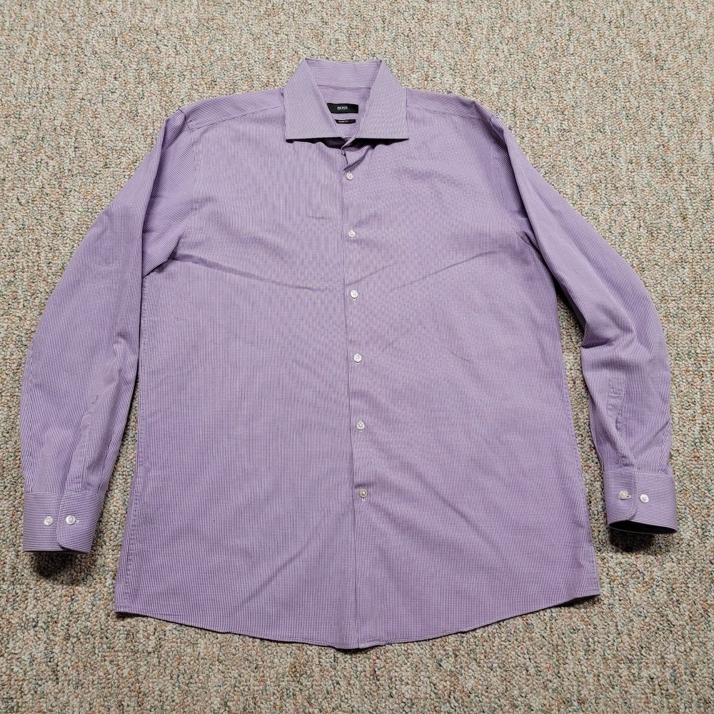 Hugo Boss Shirt Mens 17 / 34 Purple Check Button Up Long Sleeve Sharp Fit Preppy